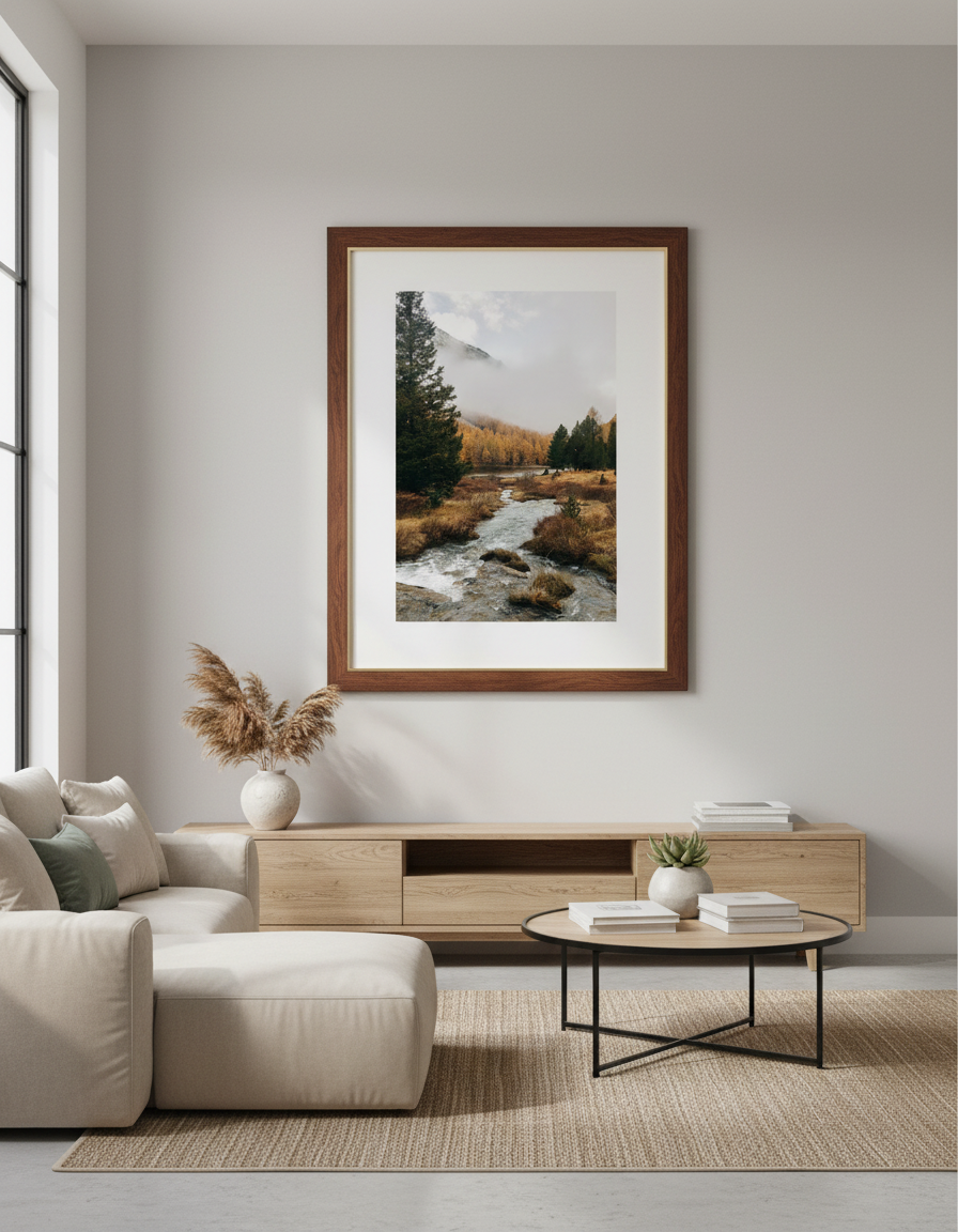 Wasserstrom an einem nebligen Tag im Waldgebiet